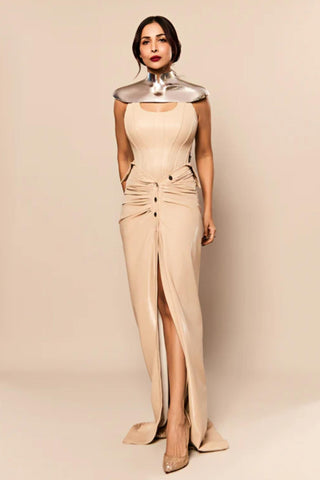 Low Waisted Skirt Edgy Wear - Beige Vinyl Skirt by Essé