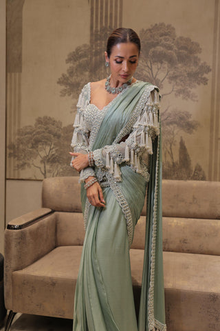 Saree for Bridesmaid – Green Piroi Chandelier Drop by Vvani By Vani Vats