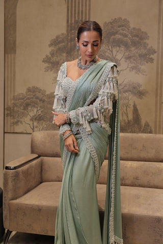 Saree for Bridesmaid – Green Piroi Chandelier Drop by Vvani By Vani Vats