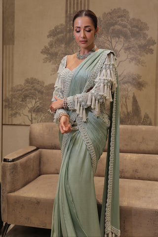 Saree for Bridesmaid – Green Piroi Chandelier Drop by Vvani By Vani Vats