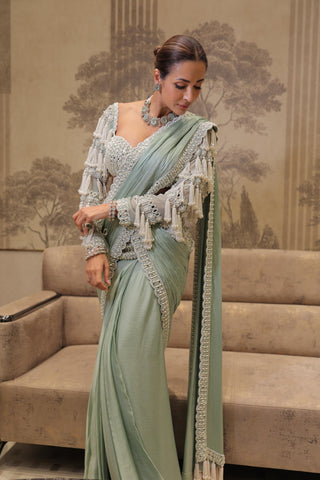 Saree for Bridesmaid – Green Piroi Chandelier Drop by Vvani By Vani Vats