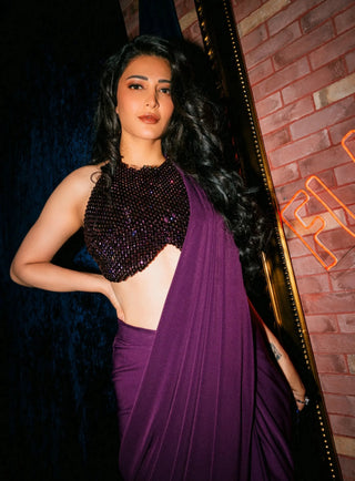 Purple beaded blouse and saree