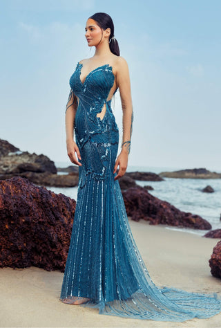 Cobalt blue fin embroidered gown