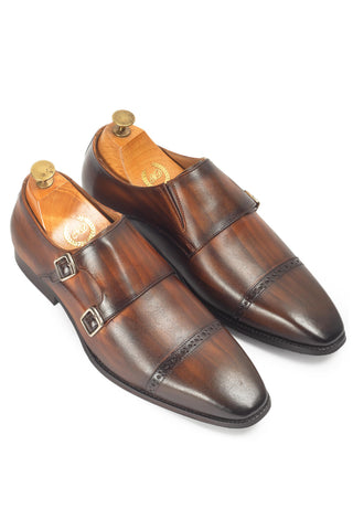 Leather Shoes for Men - Indian Wedding - Brown Wellington Patina Monks by Modello Domani
