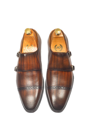Leather Shoes for Men - Indian Wedding - Brown Wellington Patina Monks by Modello Domani
