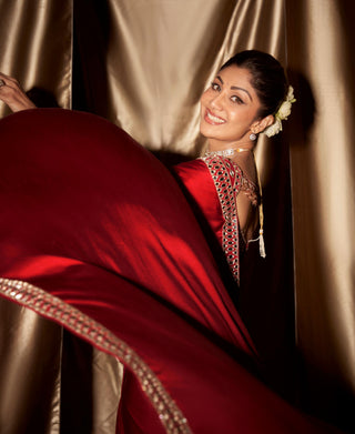 Saree for Engagement/Roka – Red Jug Mug Mirror Embroidered by Vvani By Vani Vats