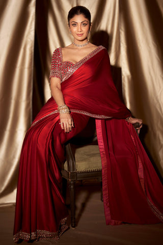 Saree for Engagement/Roka – Red Jug Mug Mirror Embroidered by Vvani By Vani Vats