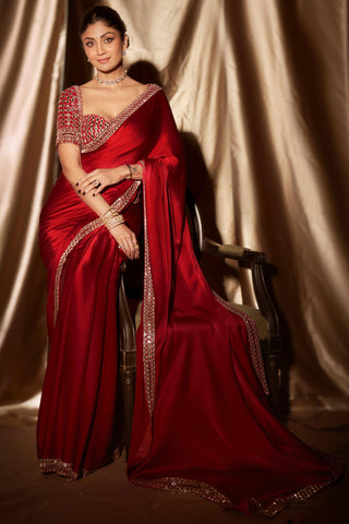 Saree for Engagement/Roka – Red Jug Mug Mirror Embroidered by Vvani By Vani Vats