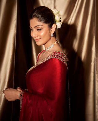 Saree for Engagement/Roka – Red Jug Mug Mirror Embroidered by Vvani By Vani Vats