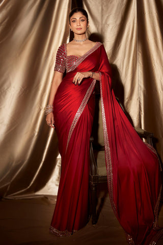 Saree for Engagement/Roka – Red Jug Mug Mirror Embroidered by Vvani By Vani Vats