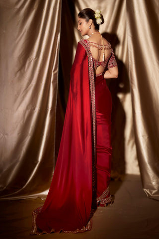 Saree for Engagement/Roka – Red Jug Mug Mirror Embroidered by Vvani By Vani Vats