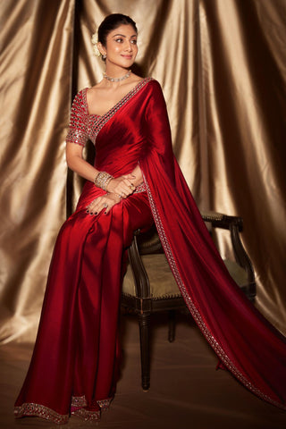 Saree for Engagement/Roka – Red Jug Mug Mirror Embroidered by Vvani By Vani Vats