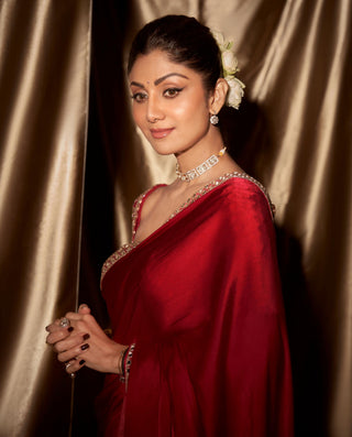 Saree for Engagement/Roka – Red Jug Mug Mirror Embroidered by Vvani By Vani Vats