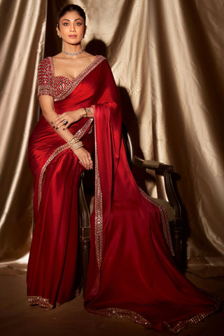 Saree for Engagement/Roka – Red Jug Mug Mirror Embroidered by Vvani By Vani Vats