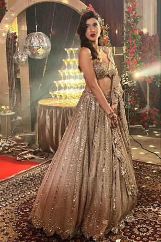 Lehenga for Indian Bridal Wear – Beige Jug Mug Sequin Embroidered by Vvani By Vani Vats