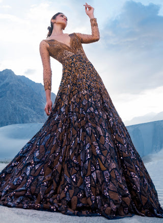 Midnight blue and copper flare gown