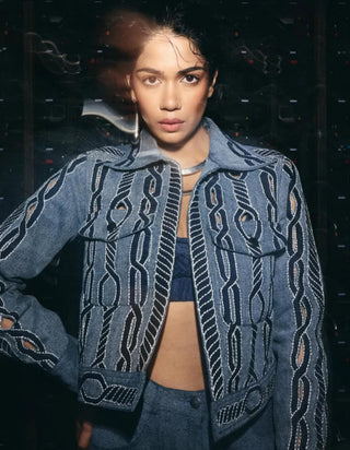 Denim Jacket Street Wear - Blue Denim Applique Jacket by Essé