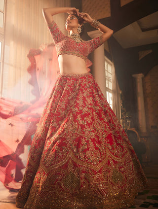 Isra red embroidered lehenga set