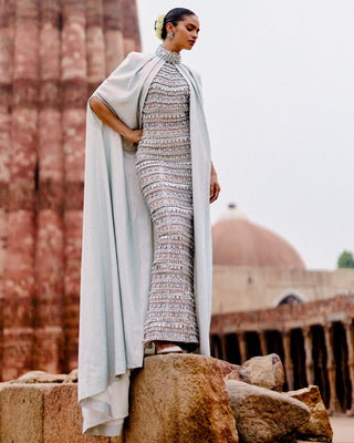 Soma cascade silver stone natak dress with white cape