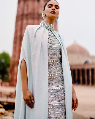 Soma cascade silver stone natak dress with white cape