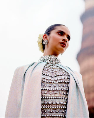 Soma cascade silver stone natak dress with white cape