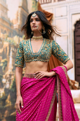 Saree Set For Wedding Ceremony – Pink Jadau Mayuri by Itrh