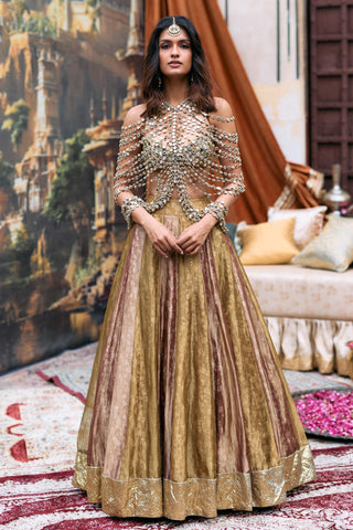 Lehenga with Mirror Harness Indian Wedding – Gold Pravarnika Ensemble by Itrh