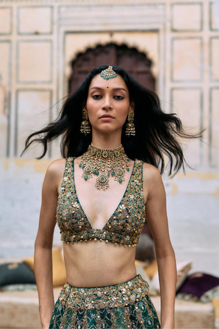 Lehenga set Indian Wedding – Green Vaidurya Jaal by Itrh