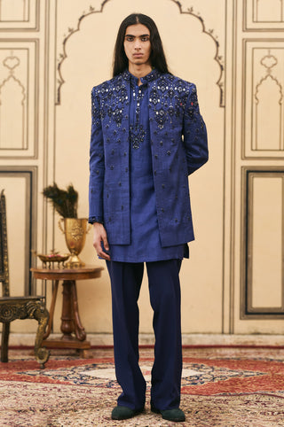 Bandhgala Set for Indian Wedding - Blue Polki Raat-Neel Chanderi Bandhgala Set by Itrh at Mrs. G