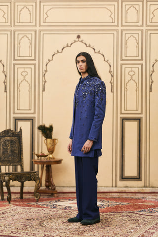 Bandhgala Set for Indian Wedding - Blue Polki Raat-Neel Chanderi Bandhgala Set by Itrh at Mrs. G