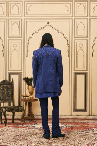 Bandhgala Set for Indian Wedding - Blue Polki Raat-Neel Chanderi Bandhgala Set by Itrh at Mrs. G