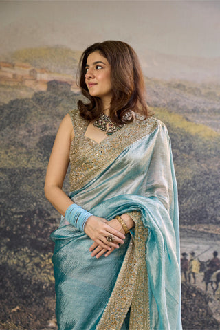 Saree Indian Wedding - Blue Shobhana Tissue Saree by Itrh