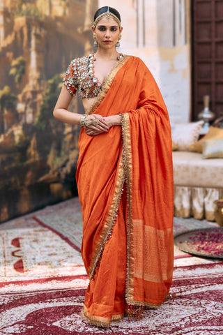 Saree Set for Wedding Ceremony – Orange Jadau Vajramani by Itrh
