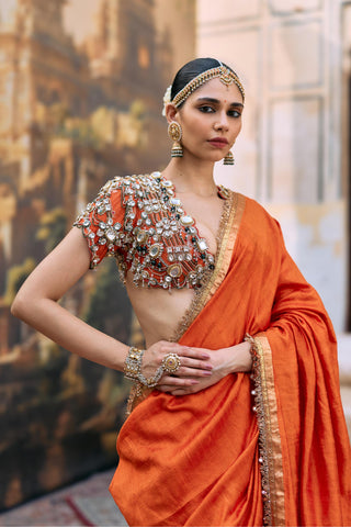 Saree Set for Wedding Ceremony – Orange Jadau Vajramani by Itrh