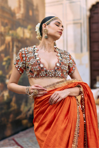 Saree Set for Wedding Ceremony – Orange Jadau Vajramani by Itrh