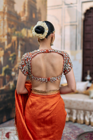 Saree Set for Wedding Ceremony – Orange Jadau Vajramani by Itrh