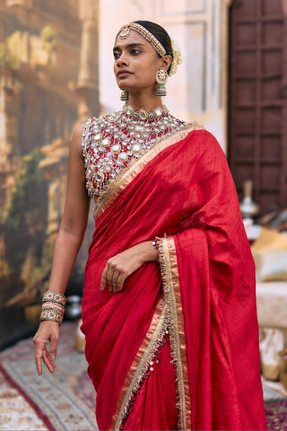 Saree Set for Wedding Ceremony – Red Jadau Rajratna by Itrh