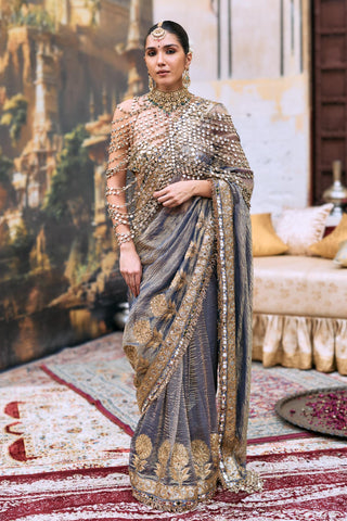 Crushed Tissue Saree Indian Wedding – Gray Jaalika by Itrh