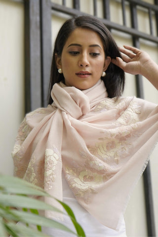 Stole Indian Wedding Wear - Ivory Imperial Rose Wool Silk by Mauli