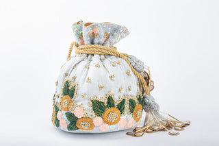 Royal blue vibrant thread work potli clutch