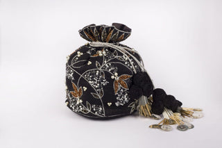 Black luxe embroidered potli clutch