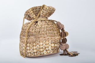 Golden raw silk potli with coin & zari work