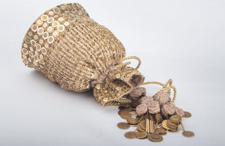 Golden raw silk potli with coin & zari work