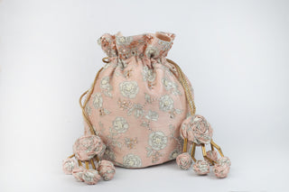 Pink classic floral print embroidered potli