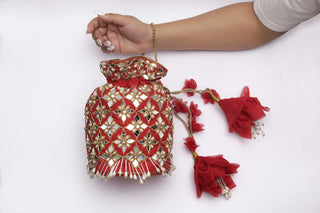 Red mirror & pearl jaal potli