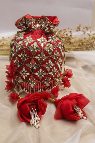 Red mirror & pearl jaal potli