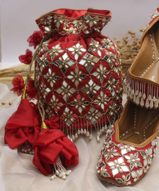 Red mirror & pearl jaal potli