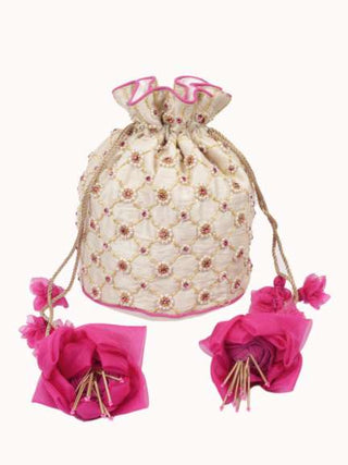 Pearl & pink stone checkered potli