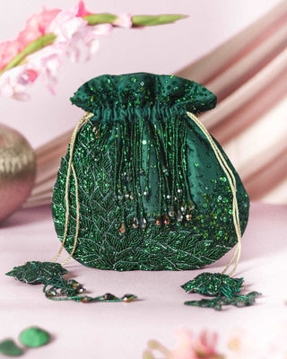 Green applique leaf work potli