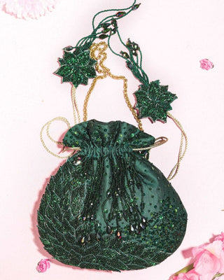 Green applique leaf work potli